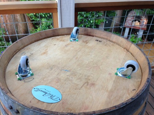 The underside of the barrel -- evenly spaced wheels