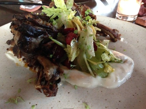 Duck Wings (cherry wood), roquefort fraiche, celery, cherries)  