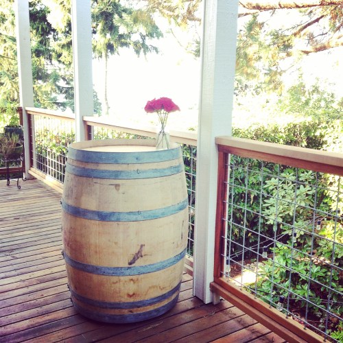 Our wine barrel table -- the "before" photo