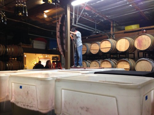 Working the grapes at Stevens Winery