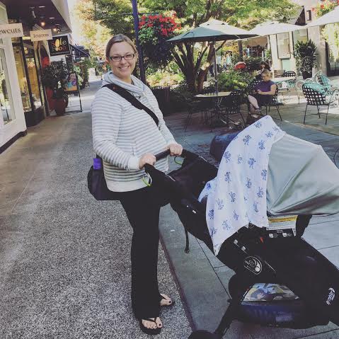 "Momming it up" in the University Village with most of the gear I've listed here! 
