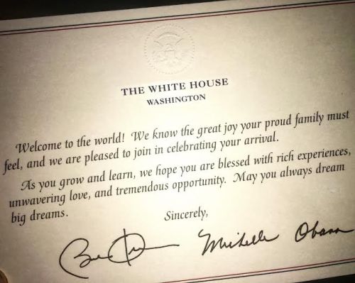 A welcome note for Michael from President and Mrs. Obama