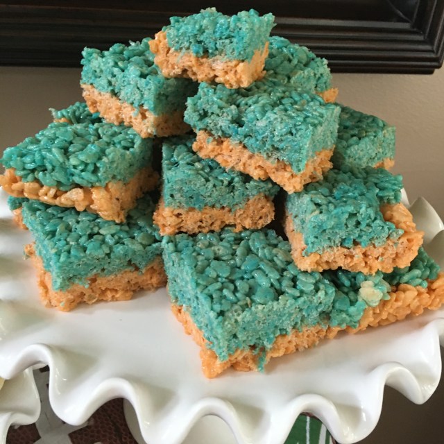 Orange and blue Bronco Rice Krispies treats